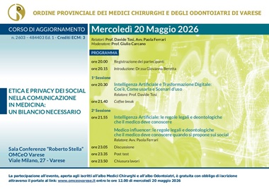 Clicca per accedere all'articolo 20 Maggio 2026 - Corso di Aggiornamento ECM "ETICA E PRIVACY DEI SOCIAL NELLA COMUNICAZIONE IN MEDICINA. UN BILANCIO NECESSARIO"