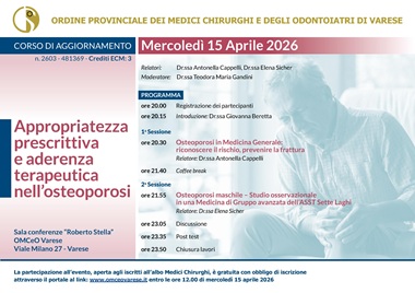 Clicca per accedere all'articolo Mercoledì 15 Aprile 2026  - Corso di Aggiornamento "Appropriatezza prescrittiva e aderenza terapeutica nell'osteoporosi"